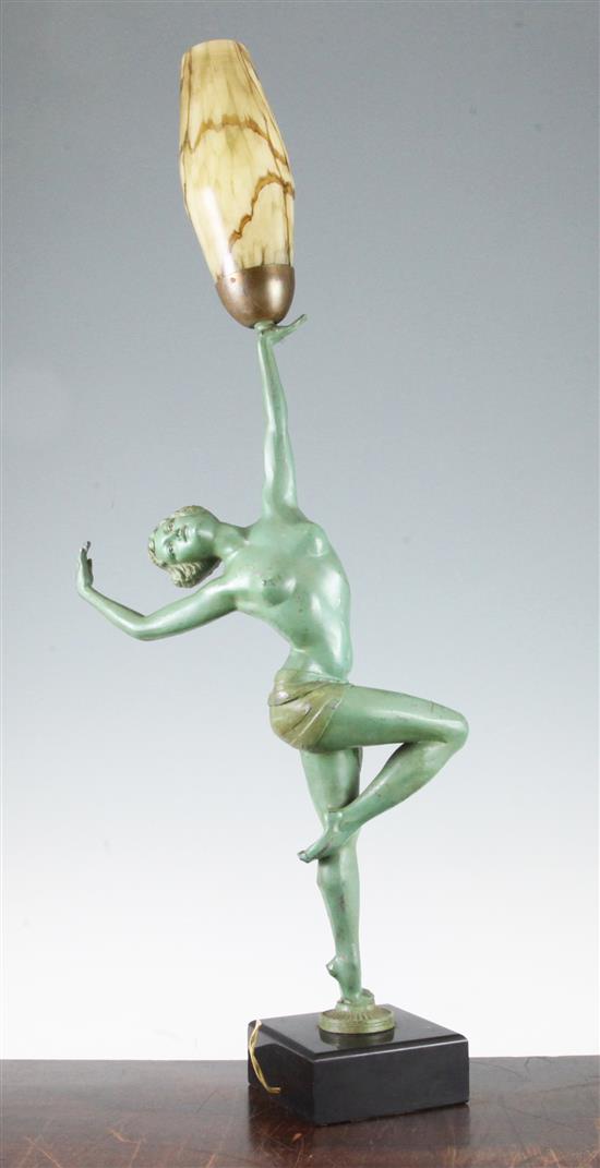 A French Art Deco green patinated figural table lamp, overall height incl. shade 25.5in.